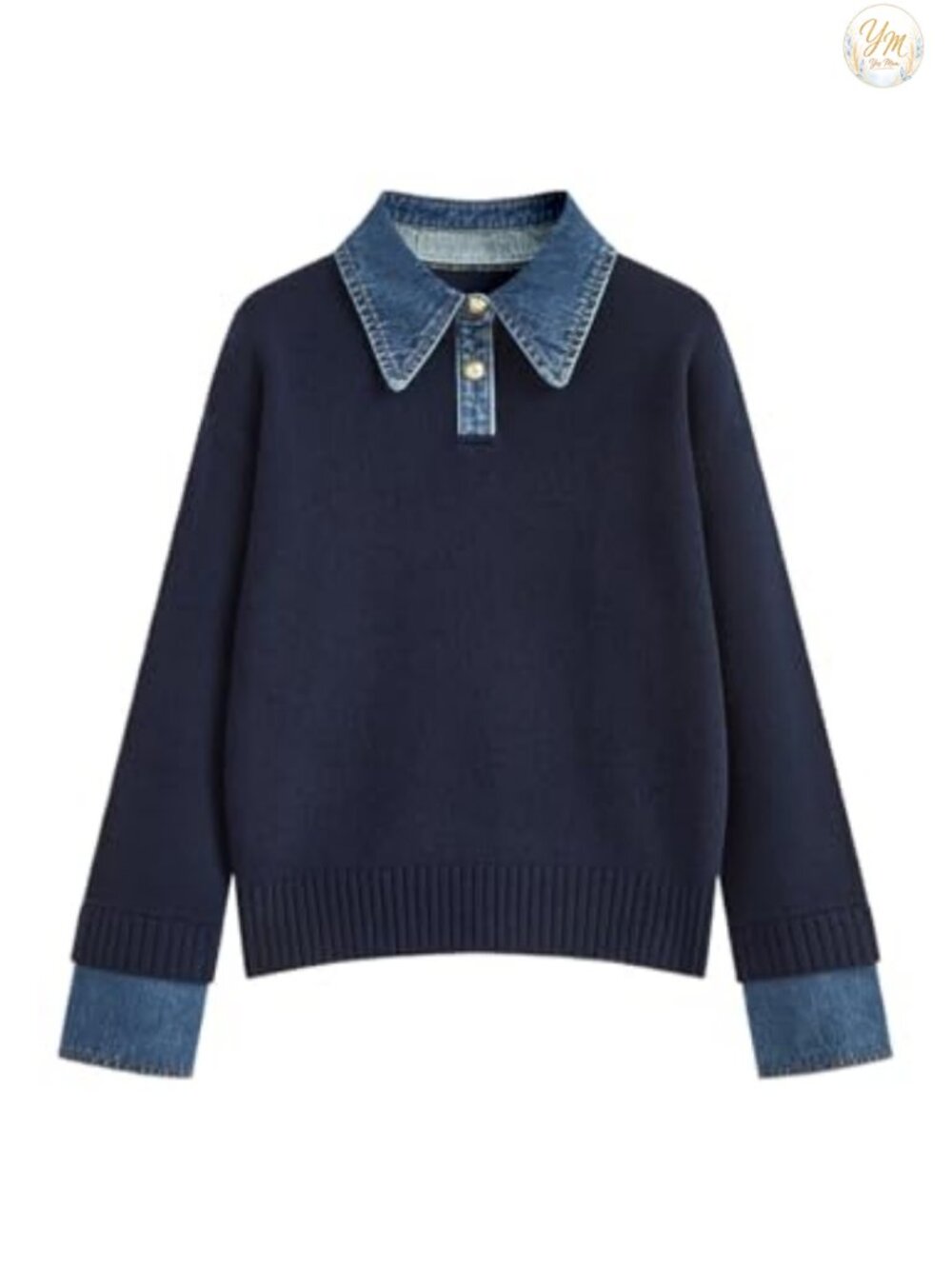 Oversized Denim Collar Cable Knit Pullover Sweater Women Long Sleeve Button Down